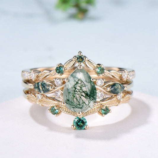 3pcs 10K Yellow Gold Moss Agate Ring Set Pear Shaped Natural Green Agate  Leaf Vine Engagement Ring Set - PENFINE