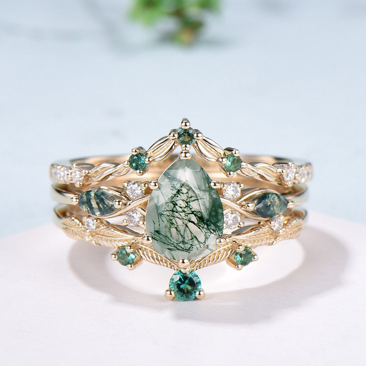 3pcs 10K Yellow Gold Moss Agate Ring Set Pear Shaped Natural Green Agate  Leaf Vine Engagement Ring Set - PENFINE