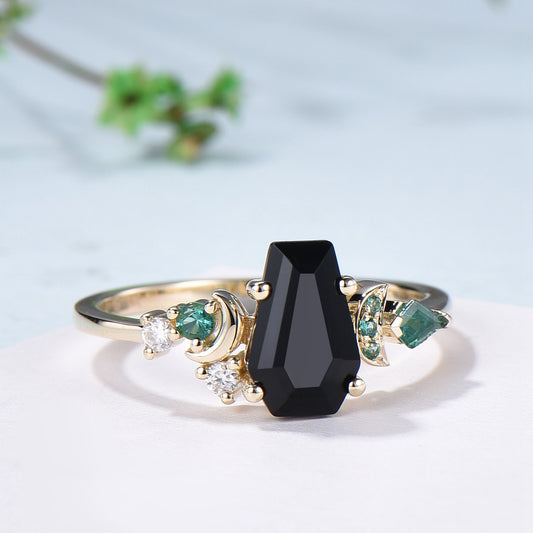Unique Coffin cut black onyx engagement ring Art deco gothic design emerald wedding ring moon cluster ring bridal anniversary promise ring - PENFINE
