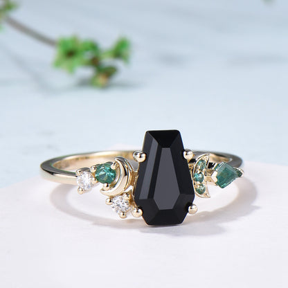 Unique Coffin cut black onyx engagement ring Art deco gothic design emerald wedding ring moon cluster ring bridal anniversary promise ring - PENFINE