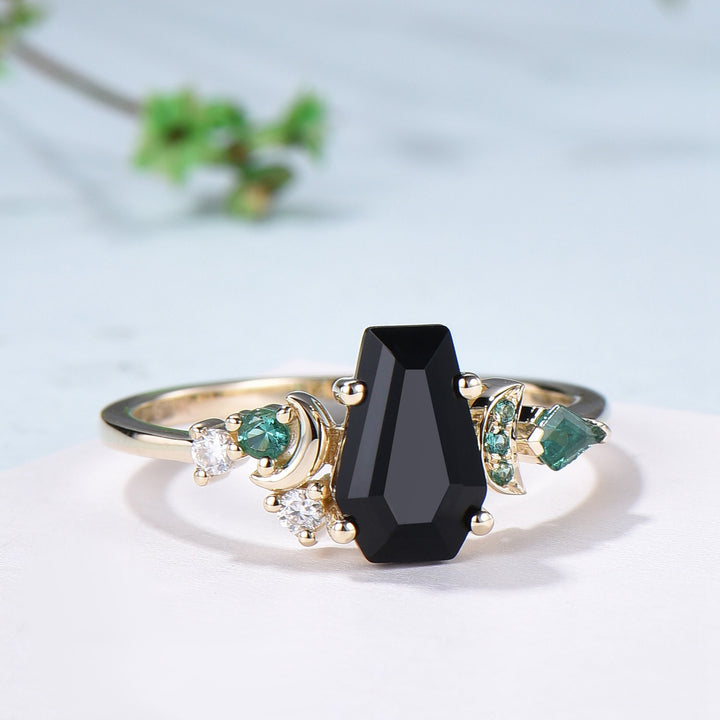 Unique Coffin cut black onyx engagement ring Art deco gothic design emerald wedding ring moon cluster ring bridal anniversary promise ring - PENFINE