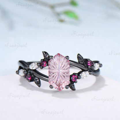 Hexagon Shaped Fantasy Cut Padparadscha Sapphire Wedding Ring Ruby Split Shank Ring