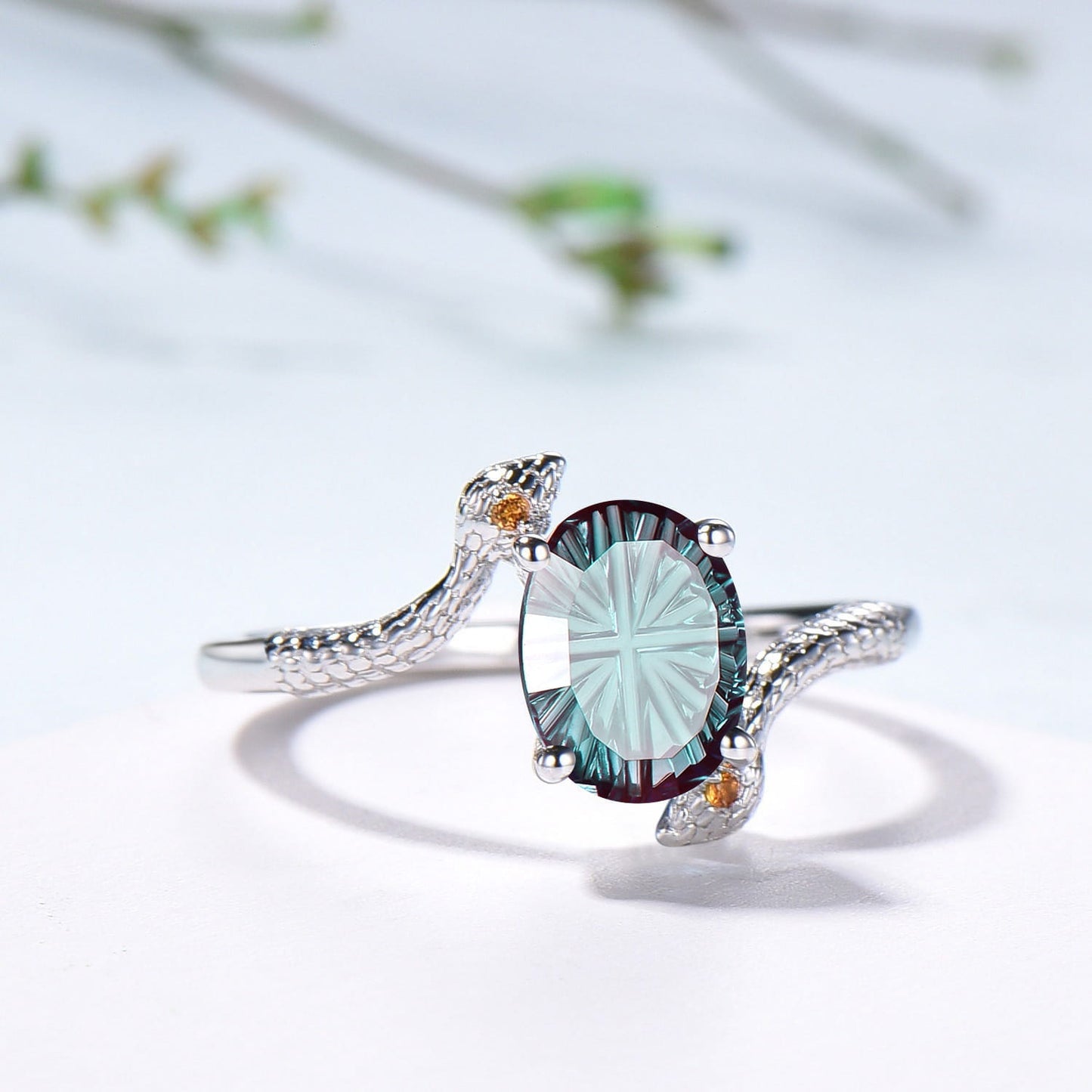 Snake Oval Starbrite Alexandrite Engagement Ring, Gothic Three Stone Promise Ring