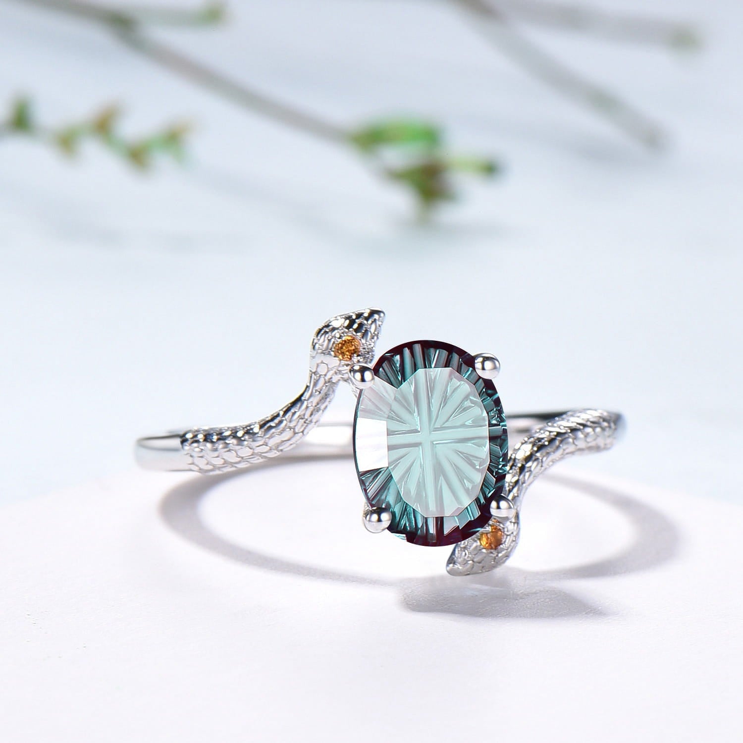 Snake Oval Starbrite Alexandrite Engagement Ring, Gothic Three Stone Promise Ring