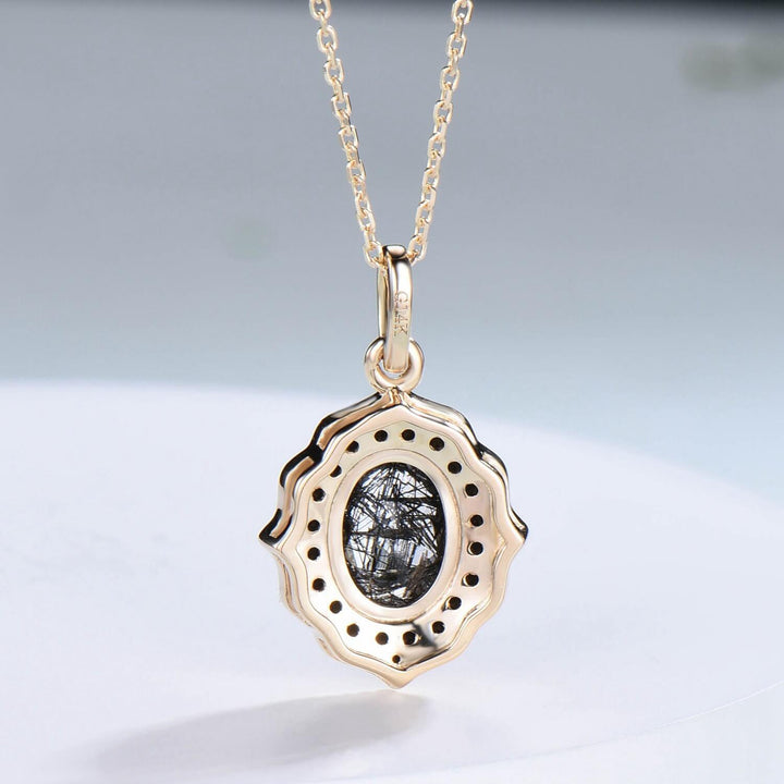 1CT Oval natural Black Rutilated Quartz pendant necklace solid 14k 18k rose gold vintage unique Personalized black spinel pendant for women - PENFINE