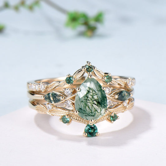 3pcs 10K Yellow Gold Moss Agate Ring Set Pear Shaped Natural Green Agate Leaf Vine Engagement Ring Set - PENFINE