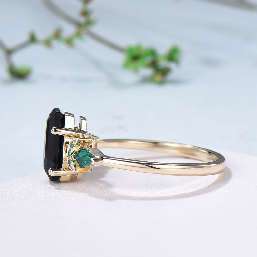 Unique Coffin cut black onyx engagement ring Art deco gothic design emerald wedding ring moon cluster ring bridal anniversary promise ring - PENFINE