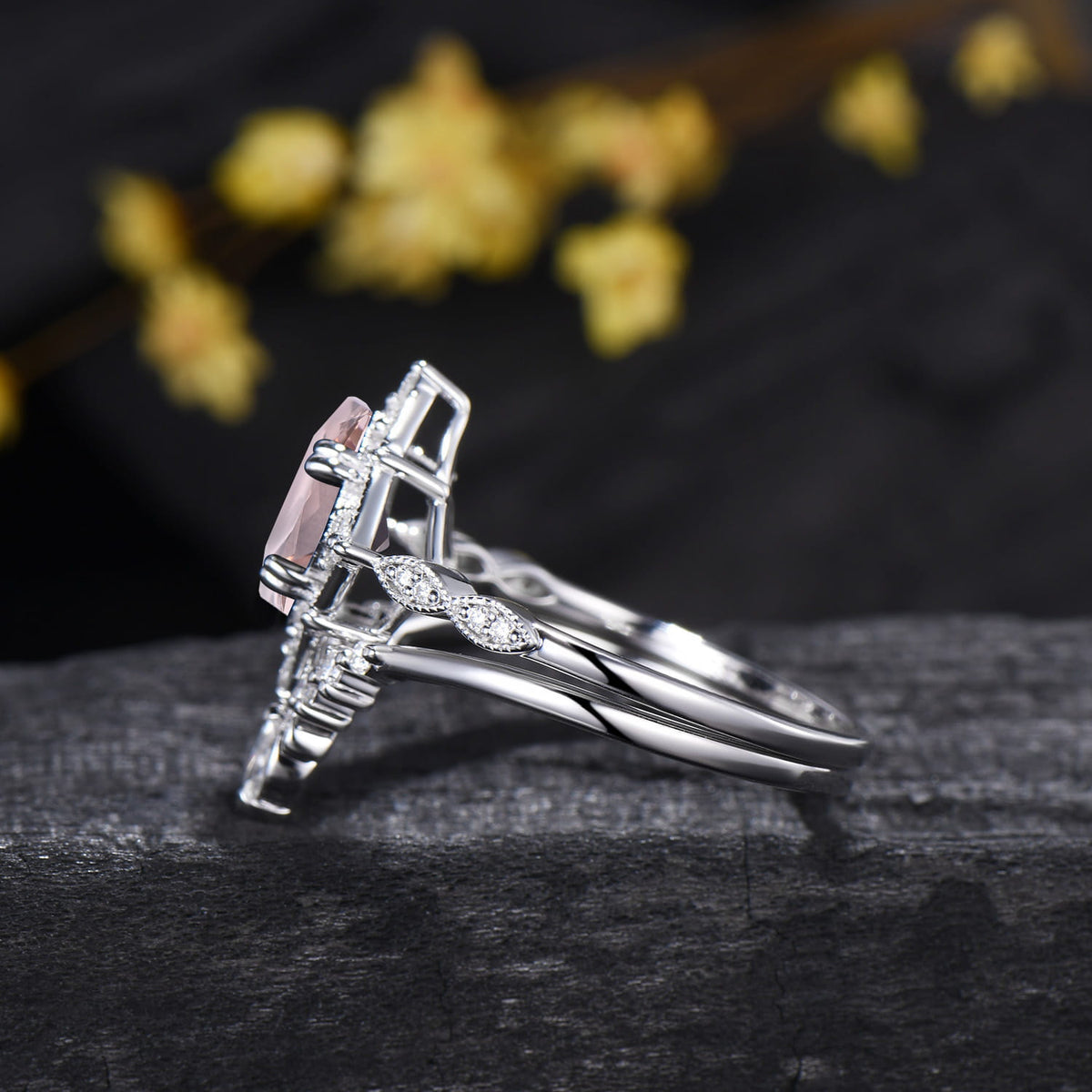 Princess Cut Natural Morganite Art Deco Bridal Ring Set Diamond Accent Curved Band