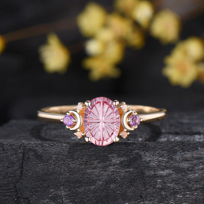 Fantasy Cut Padparadscha Sapphire Moon Engagement Ring Opal Amethyst 7 Stone Ring