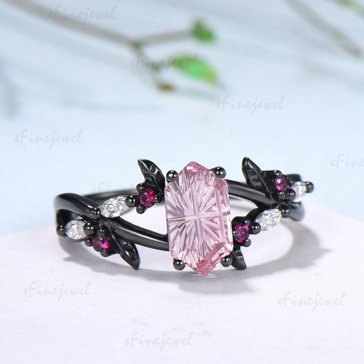 Hexagon Shaped Fantasy Cut Padparadscha Sapphire Wedding Ring Ruby Split Shank Ring