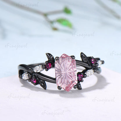 Hexagon Shaped Fantasy Cut Padparadscha Sapphire Wedding Ring Ruby Split Shank Ring
