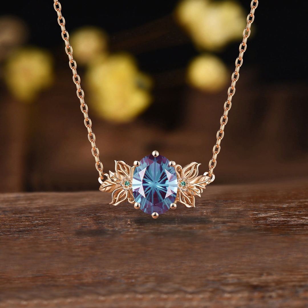 Unique Firework Cut Oval Alexandrite Neckalce Butterfly Flower Pendant Floral Emerald Leaf Branch Twig Necklace Wedding Gift June Birthstone