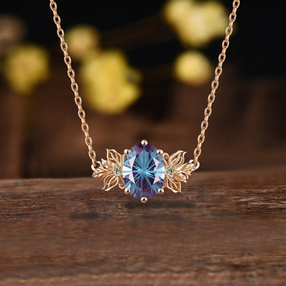 Unique Firework Cut Oval Alexandrite Neckalce Butterfly Flower Pendant Floral Emerald Leaf Branch Twig Necklace Wedding Gift June Birthstone