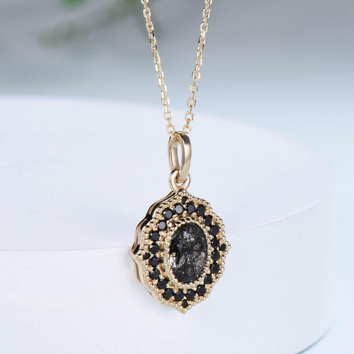 1CT Oval natural Black Rutilated Quartz pendant necklace solid 14k 18k rose gold vintage unique Personalized black spinel pendant for women - PENFINE