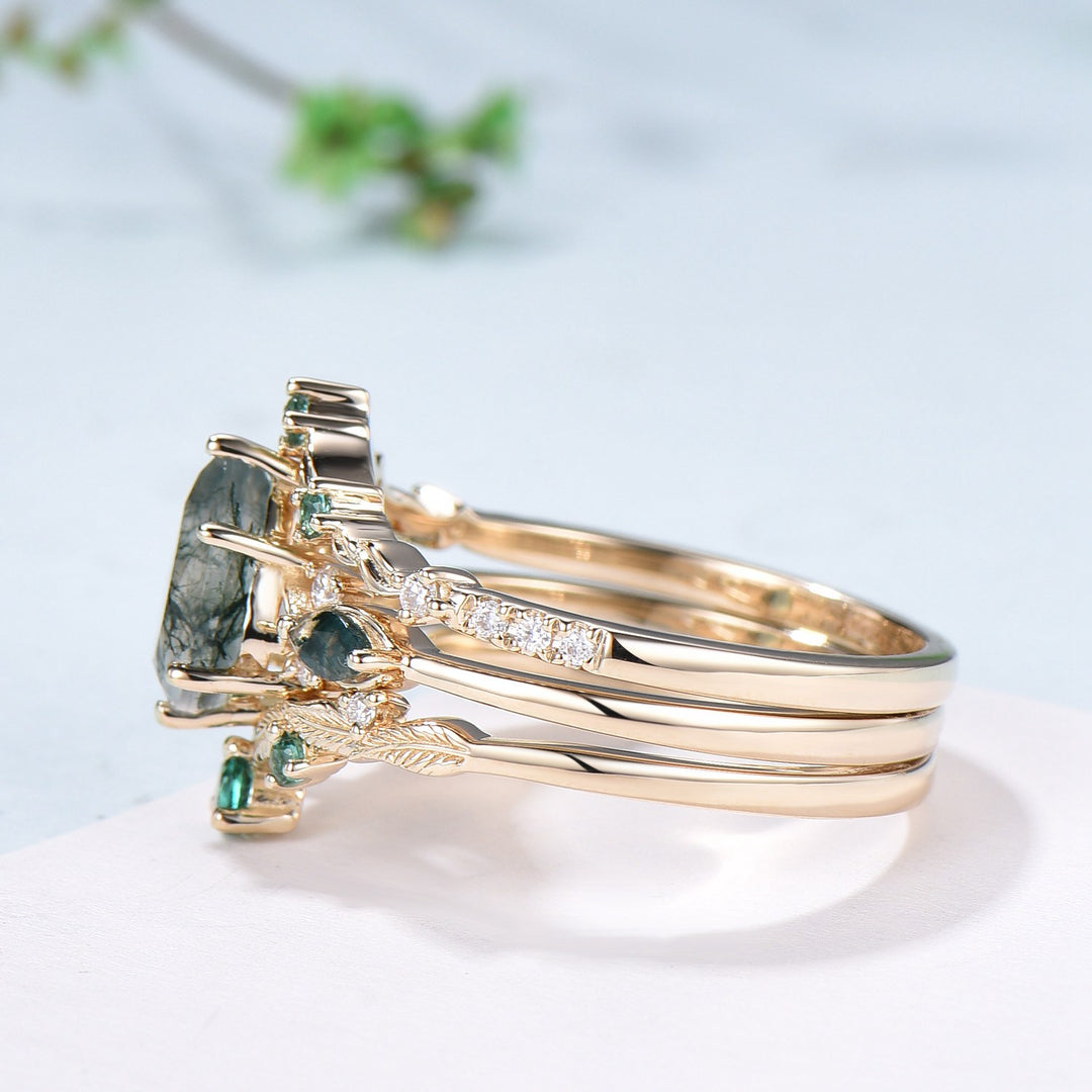 3pcs 10K Yellow Gold Moss Agate Ring Set Pear Shaped Natural Green Agate  Leaf Vine Engagement Ring Set - PENFINE
