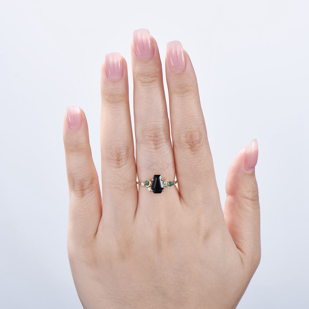 Unique Coffin cut black onyx engagement ring Art deco gothic design emerald wedding ring moon cluster ring bridal anniversary promise ring - PENFINE