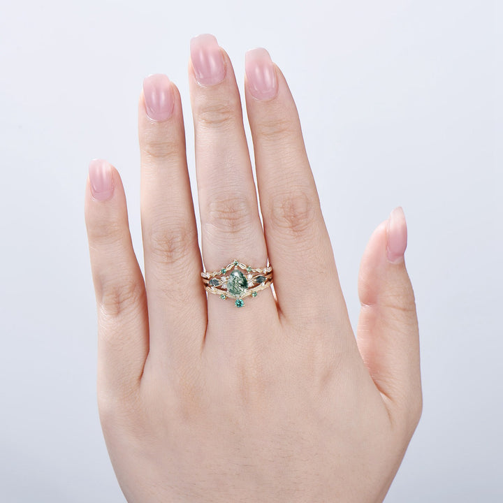3pcs 10K Yellow Gold Moss Agate Ring Set Pear Shaped Natural Green Agate  Leaf Vine Engagement Ring Set - PENFINE