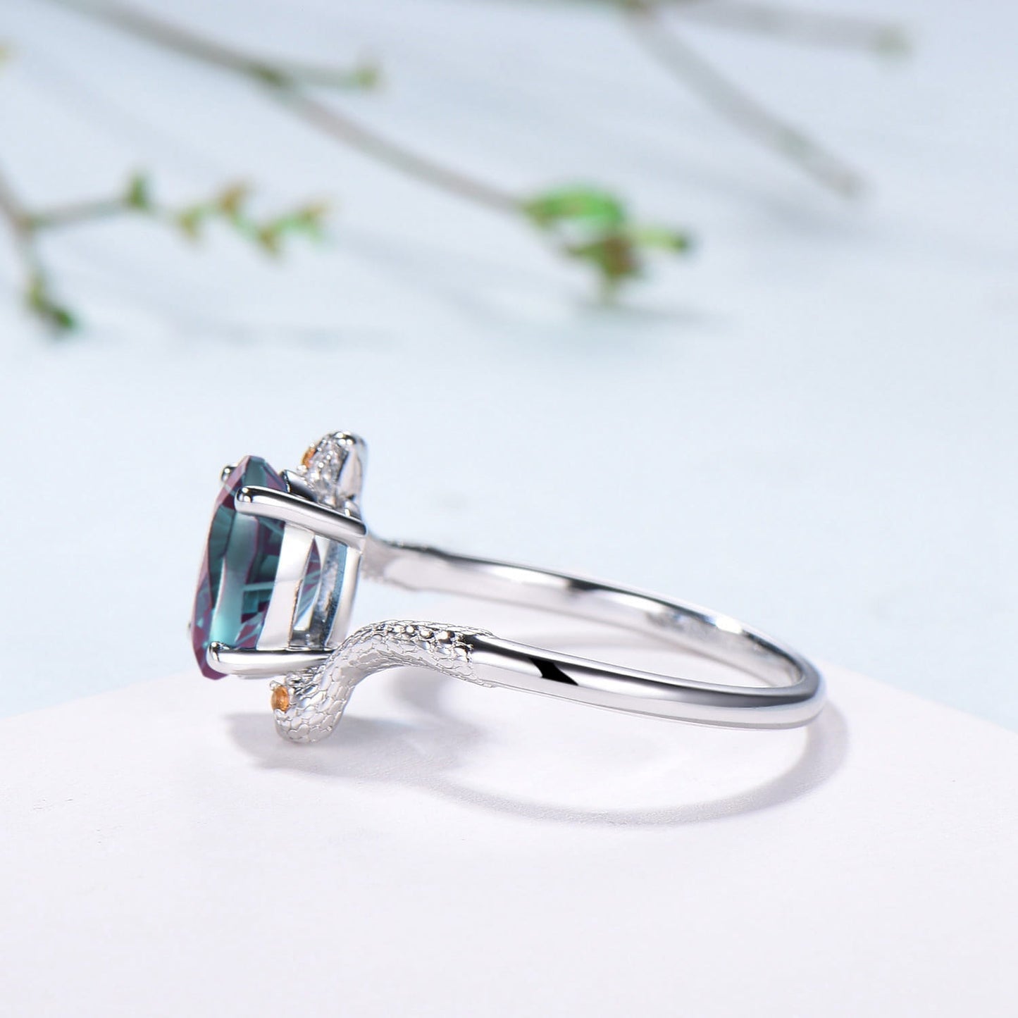 Snake Oval Starbrite Alexandrite Engagement Ring, Gothic Three Stone Promise Ring