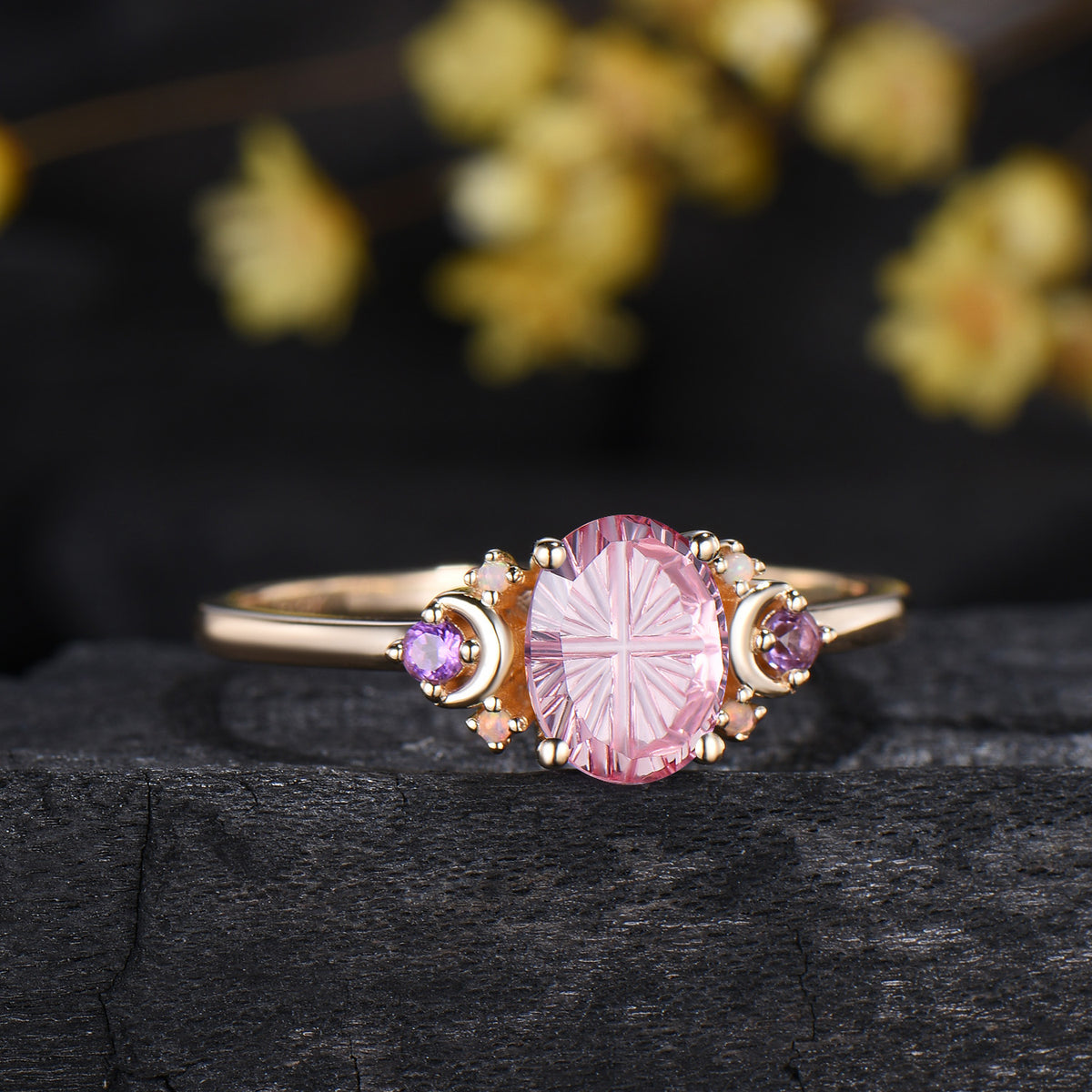 Fantasy Cut Padparadscha Sapphire Moon Engagement Ring Opal Amethyst 7 Stone Ring