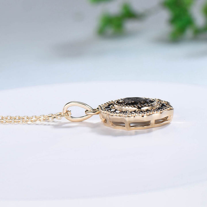 1CT Oval natural Black Rutilated Quartz pendant necklace solid 14k 18k rose gold vintage unique Personalized black spinel pendant for women - PENFINE