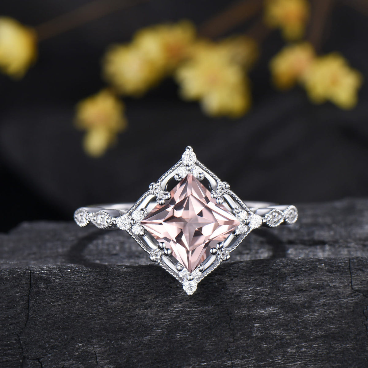 Princess Cut Natural Morganite Art Deco Bridal Ring Set Diamond Accent Curved Band