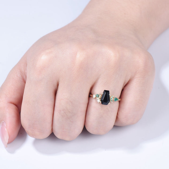 Unique Coffin cut black onyx engagement ring Art deco gothic design emerald wedding ring moon cluster ring bridal anniversary promise ring - PENFINE
