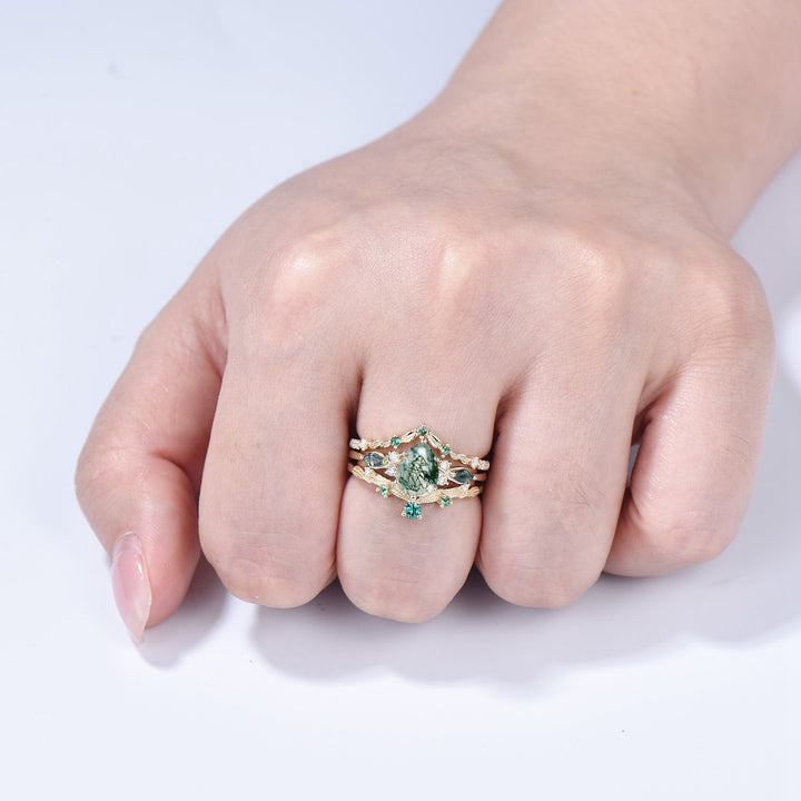 3pcs 10K Yellow Gold Moss Agate Ring Set Pear Shaped Natural Green Agate  Leaf Vine Engagement Ring Set - PENFINE