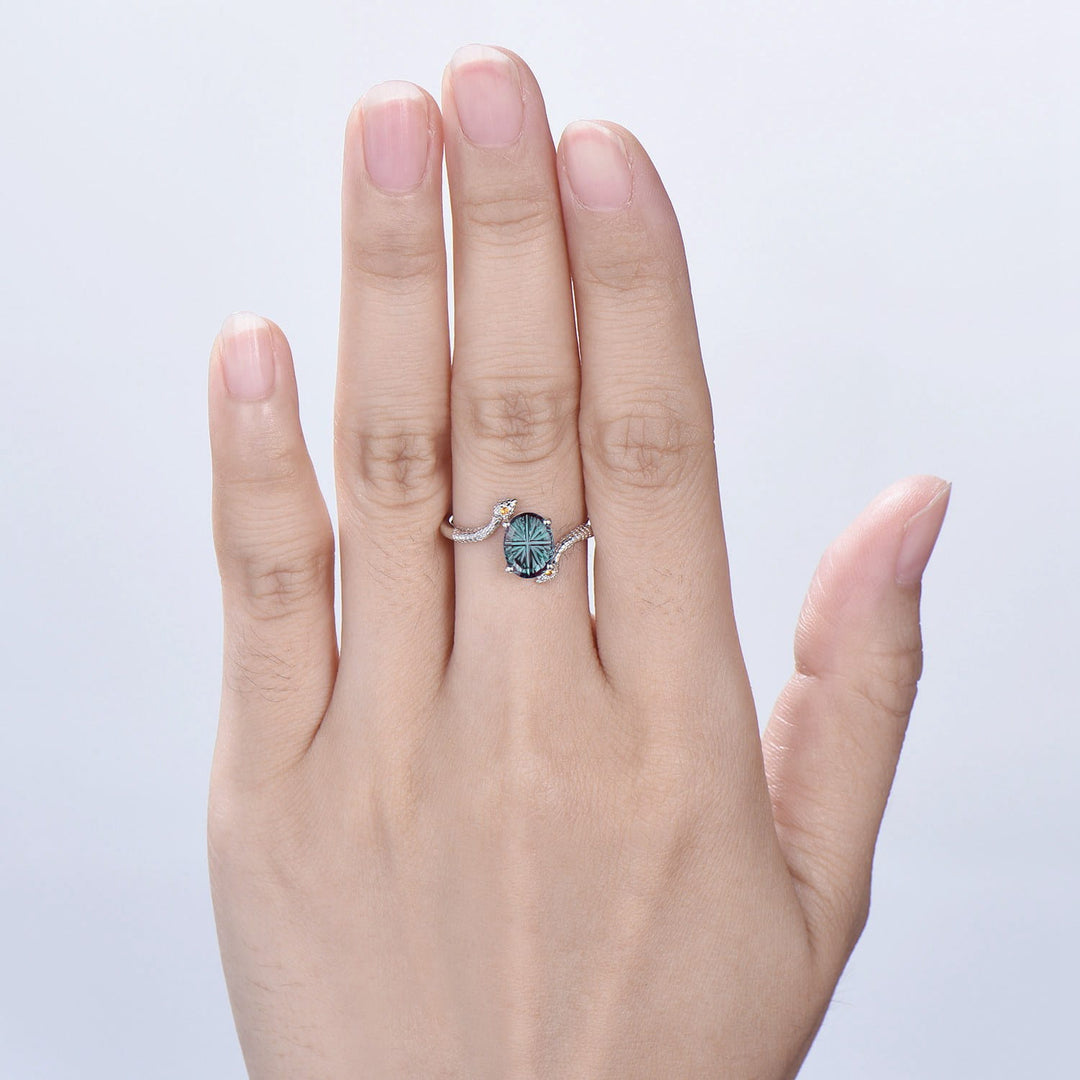 Snake Oval Starbrite Alexandrite Engagement Ring, Gothic Three Stone Promise Ring