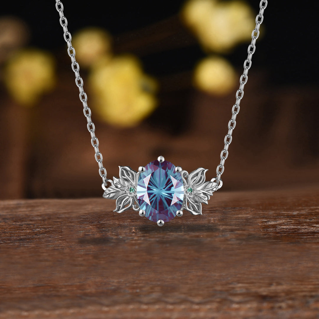 Unique Firework Cut Oval Alexandrite Neckalce Butterfly Flower Pendant Floral Emerald Leaf Branch Twig Necklace Wedding Gift June Birthstone