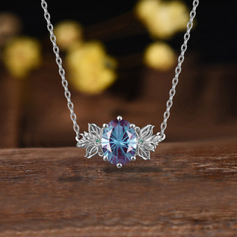 Unique Firework Cut Oval Alexandrite Neckalce Butterfly Flower Pendant Floral Emerald Leaf Branch Twig Necklace Wedding Gift June Birthstone