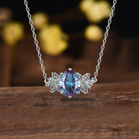 Unique Firework Cut Oval Alexandrite Neckalce Butterfly Flower Pendant Floral Emerald Leaf Branch Twig Necklace Wedding Gift June Birthstone