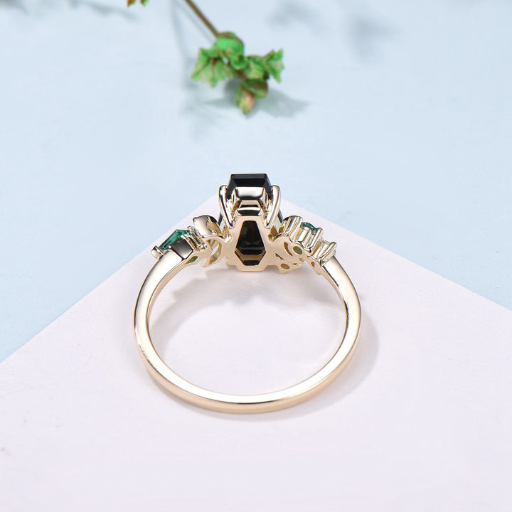 Unique Coffin cut black onyx engagement ring Art deco gothic design emerald wedding ring moon cluster ring bridal anniversary promise ring - PENFINE