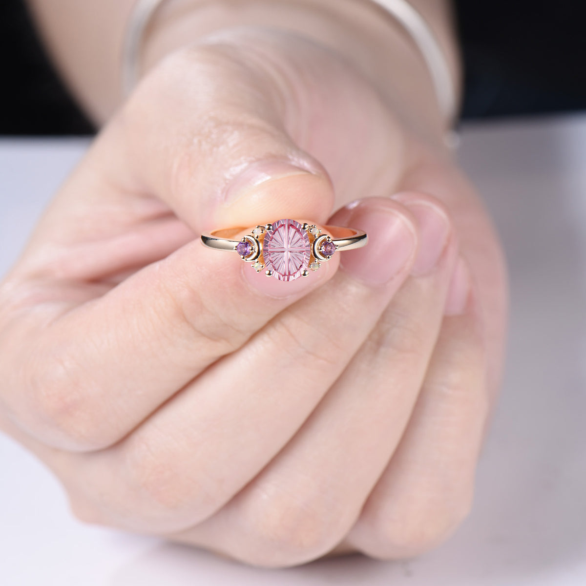 Fantasy Cut Padparadscha Sapphire Moon Engagement Ring Opal Amethyst 7 Stone Ring