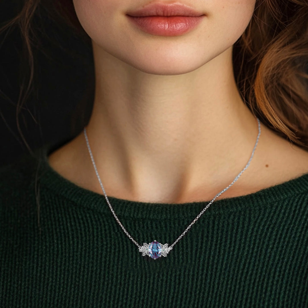Unique Firework Cut Oval Alexandrite Neckalce Butterfly Flower Pendant Floral Emerald Leaf Branch Twig Necklace Wedding Gift June Birthstone