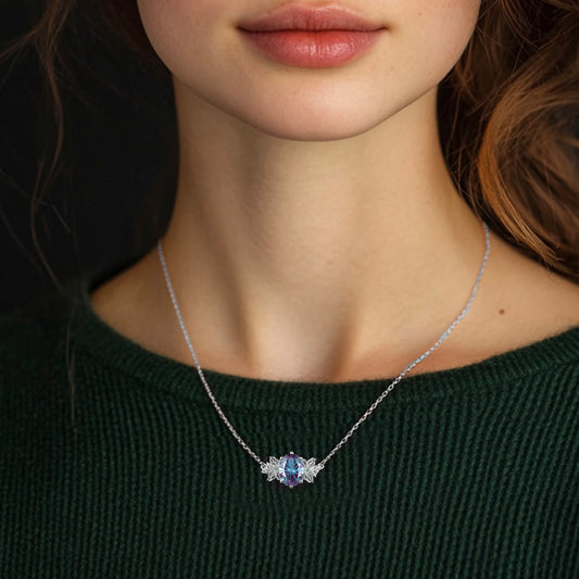 Unique Firework Cut Oval Alexandrite Neckalce Butterfly Flower Pendant Floral Emerald Leaf Branch Twig Necklace Wedding Gift June Birthstone