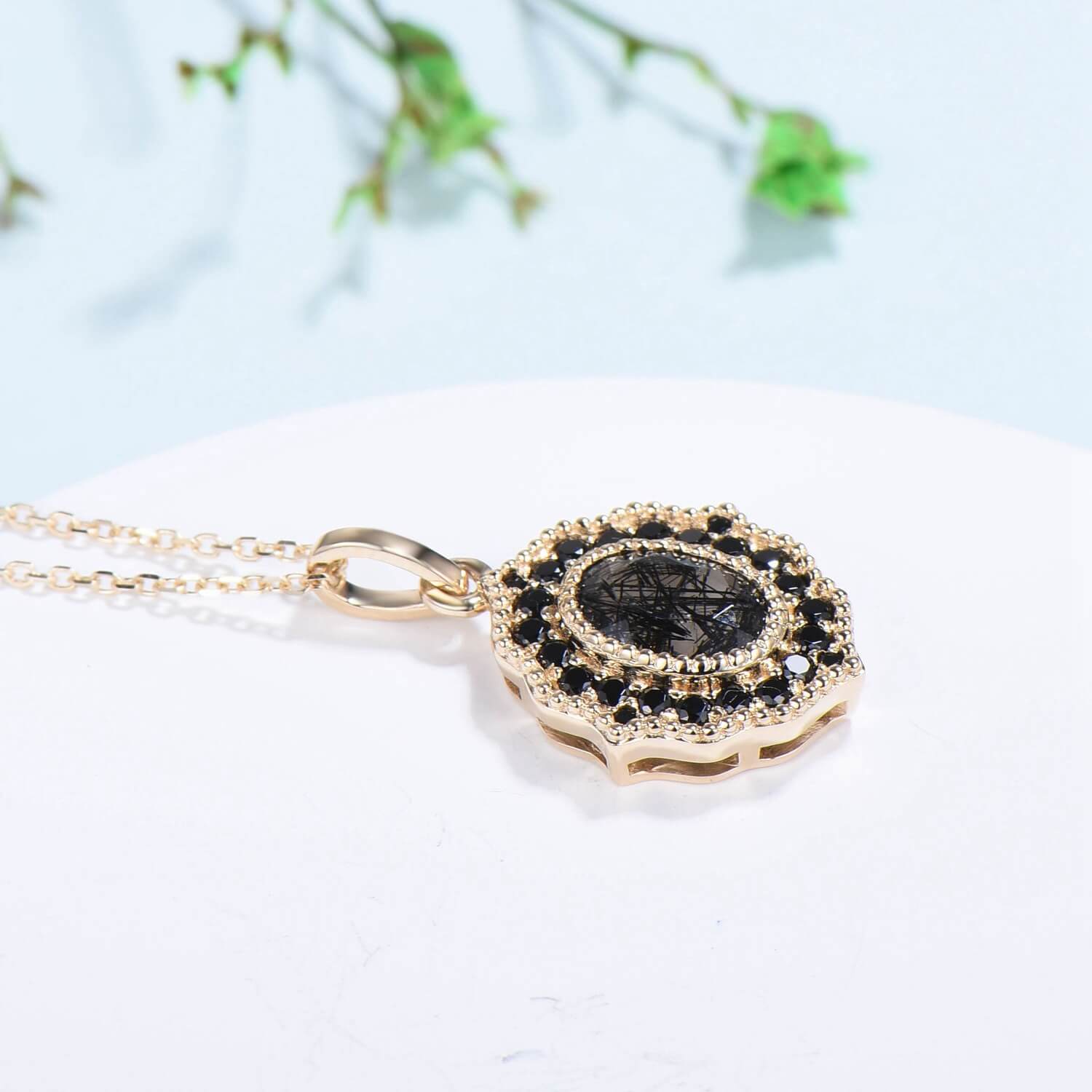 1CT Oval natural Black Rutilated Quartz pendant necklace solid 14k 18k rose gold vintage unique Personalized black spinel pendant for women - PENFINE