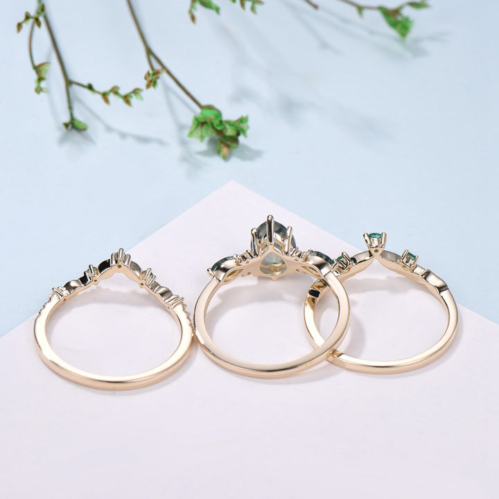 3pcs 10K Yellow Gold Moss Agate Ring Set Pear Shaped Natural Green Agate  Leaf Vine Engagement Ring Set