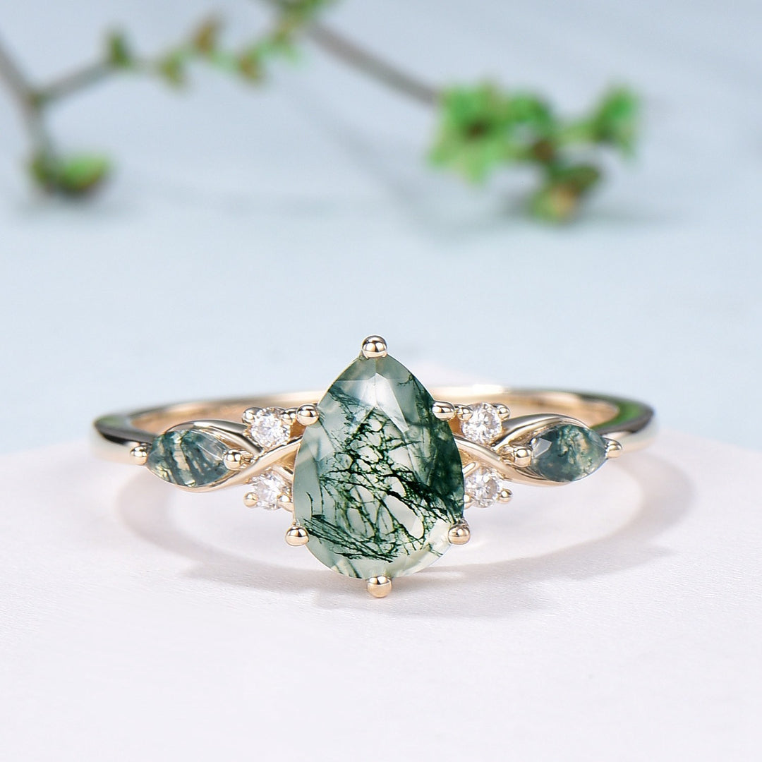 3pcs 10K Yellow Gold Moss Agate Ring Set Pear Shaped Natural Green Agate  Leaf Vine Engagement Ring Set