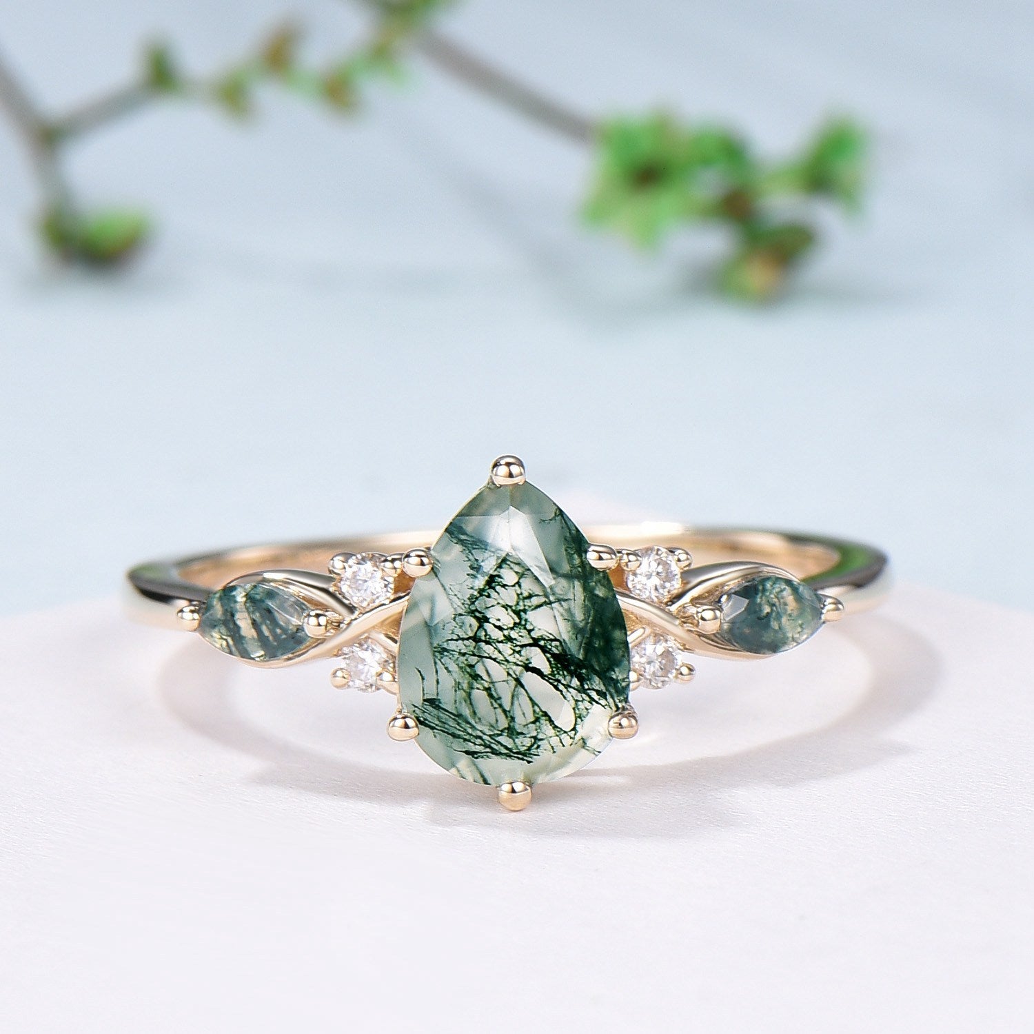 3pcs 10K Yellow Gold Moss Agate Ring Set Pear Shaped Natural Green Agate  Leaf Vine Engagement Ring Set