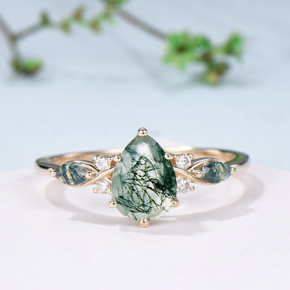 3pcs 10K Yellow Gold Moss Agate Ring Set Pear Shaped Natural Green Agate  Leaf Vine Engagement Ring Set