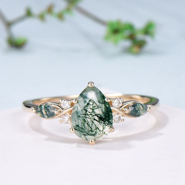 3pcs 10K Yellow Gold Moss Agate Ring Set Pear Shaped Natural Green Agate  Leaf Vine Engagement Ring Set