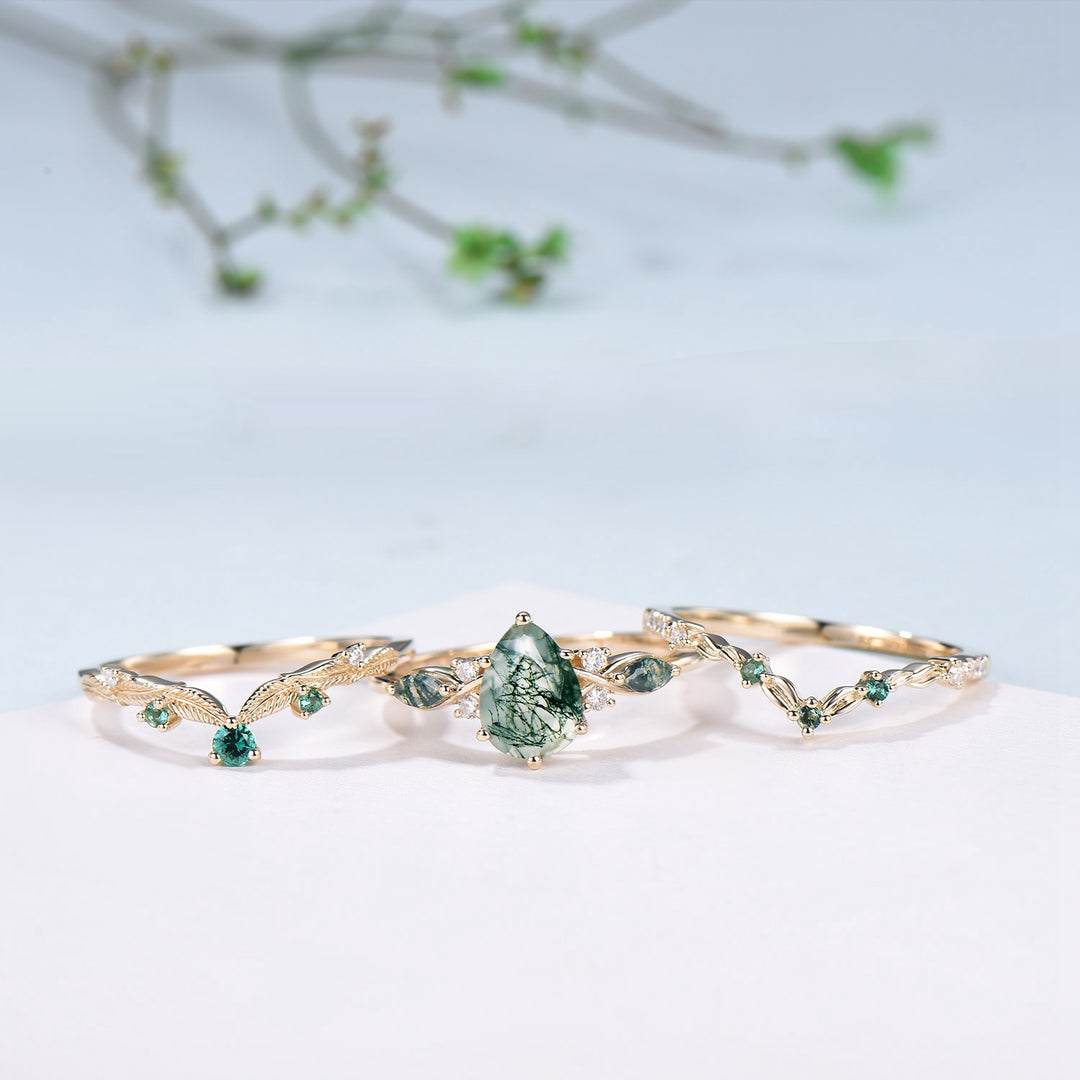 3pcs 10K Yellow Gold Moss Agate Ring Set Pear Shaped Natural Green Agate  Leaf Vine Engagement Ring Set