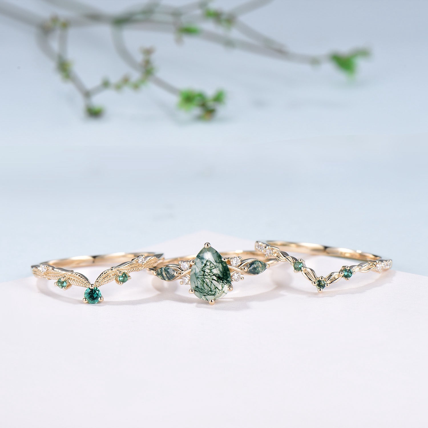 3pcs 10K Yellow Gold Moss Agate Ring Set Pear Shaped Natural Green Agate  Leaf Vine Engagement Ring Set