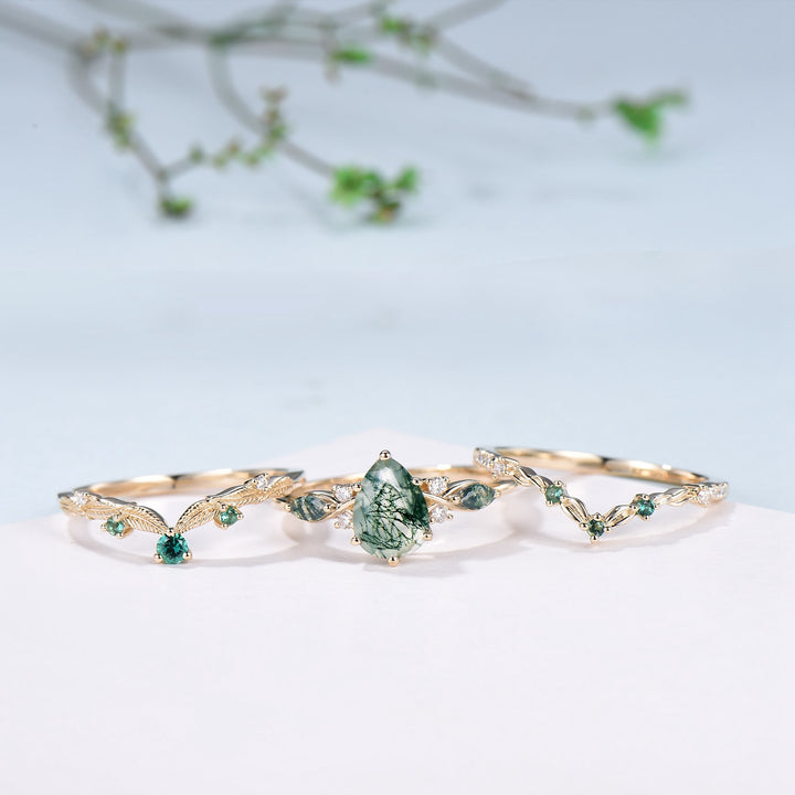 3pcs 10K Yellow Gold Moss Agate Ring Set Pear Shaped Natural Green Agate  Leaf Vine Engagement Ring Set