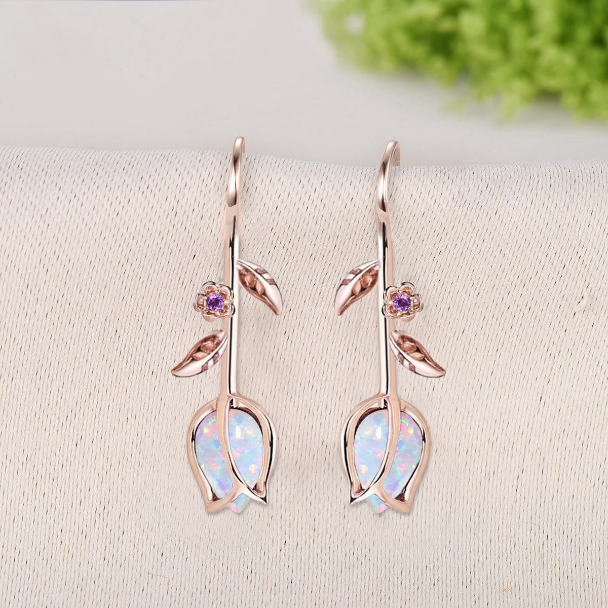 White Opal Tulip Earrings, Dangle Leaf Vine Elegant Flower Drop Earrings