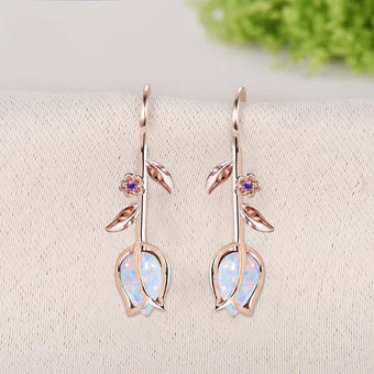 White Opal Tulip Earrings, Dangle Leaf Vine Elegant Flower Drop Earrings