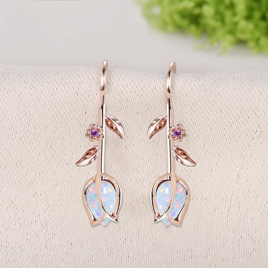 White Opal Tulip Earrings, Dangle Leaf Vine Elegant Flower Drop Earrings
