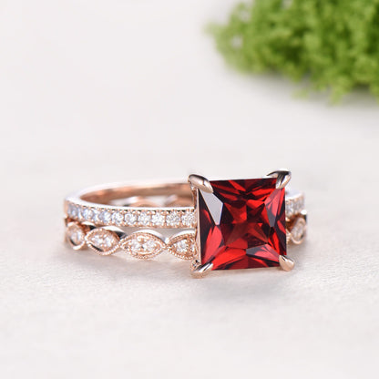 Vintage Princess Cut Natural Garnet Engagement Ring Set, 14K Rose Gold Pave Band Wedding Ring Set, Art Deco Diamond Marquise Stacking Ring