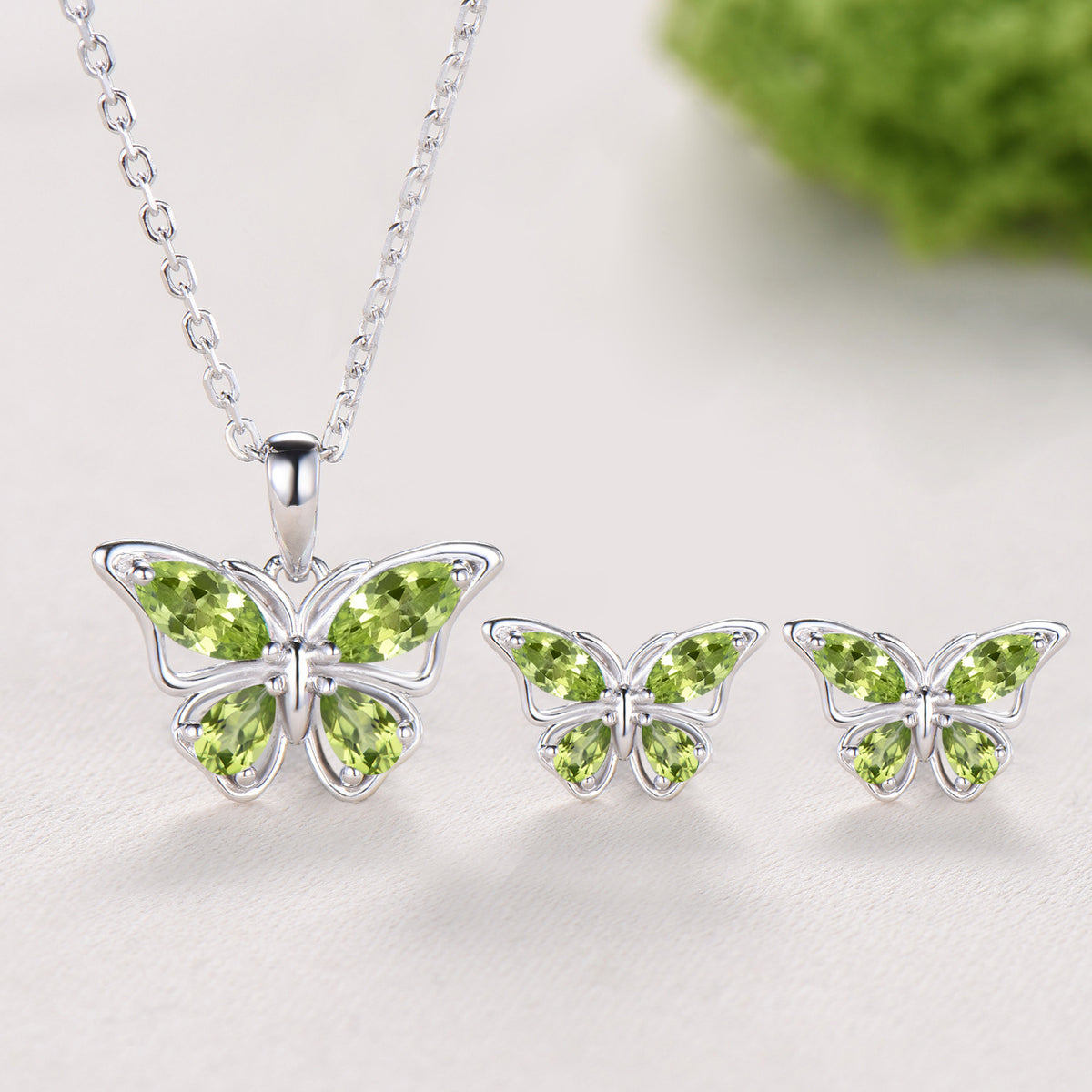 Unique Marquise Pear Natural Peridot Butterfly Necklace,Peridot Butterfly Stud Earrings, Jewelry Set For Gift