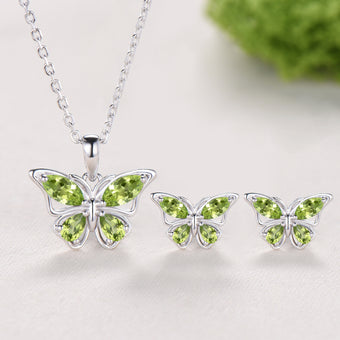 Unique Marquise Pear Natural Peridot Butterfly Necklace,Peridot Butterfly Stud Earrings, Jewelry Set For Gift